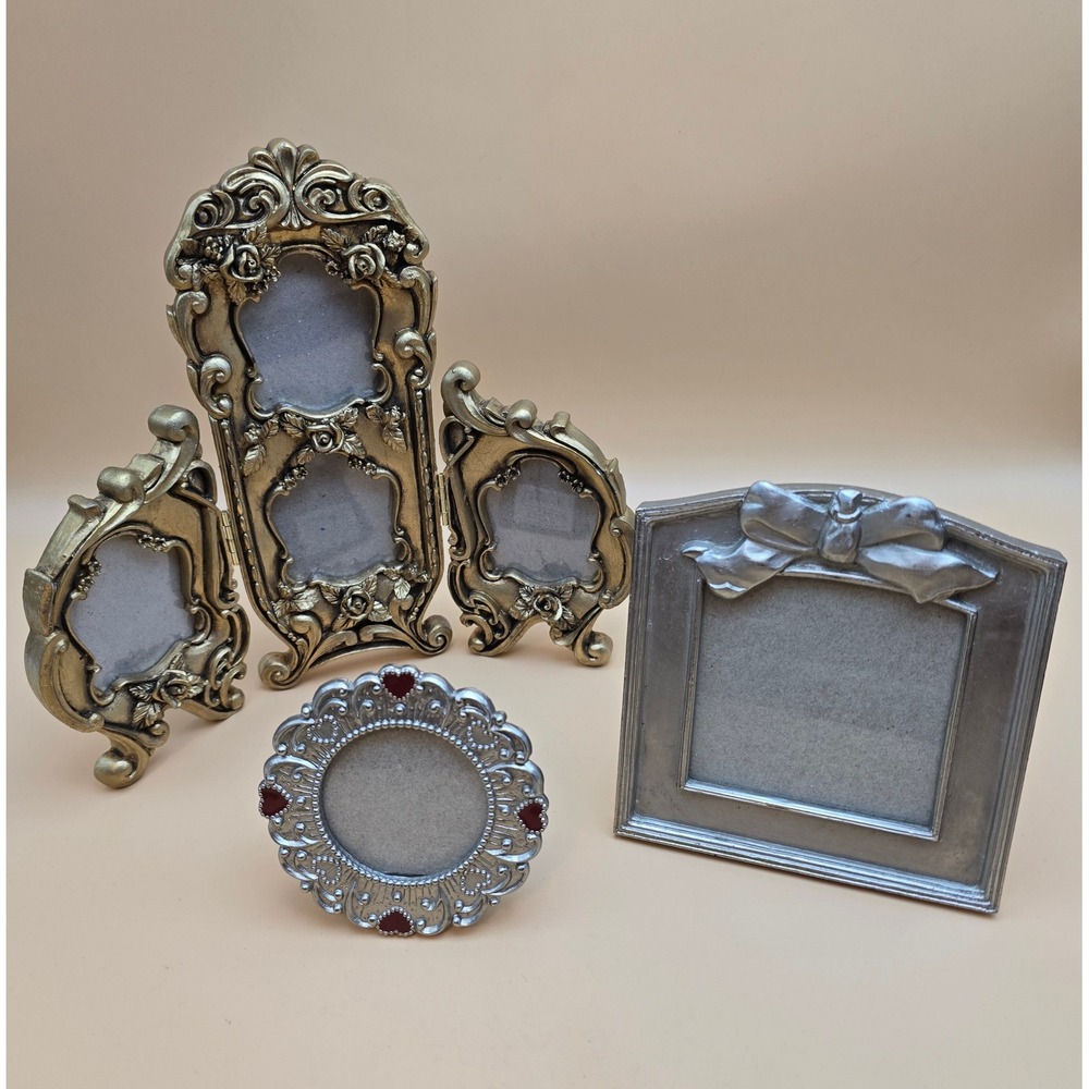 Vintage Russ Berrie Silver Bow Frame & Ornate Gold Triptych Mini Frame Set 3pc